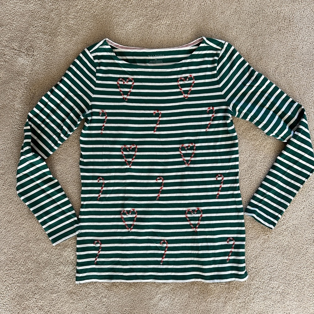 Talbots Green and White Striped Christmas Shirt